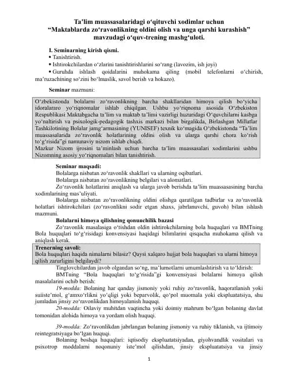 "Ta'lim muassasalaridagi o'qituvchi xodimlar uchun"