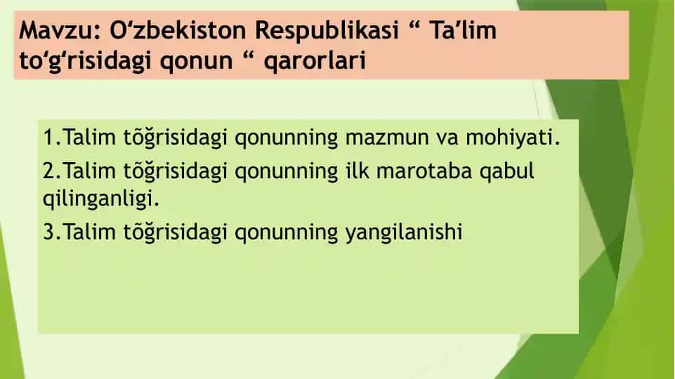 Taqdimot. "O`zbekiston Respublikasi ta`lim to`g`risidagi qonunlar" qarorlari