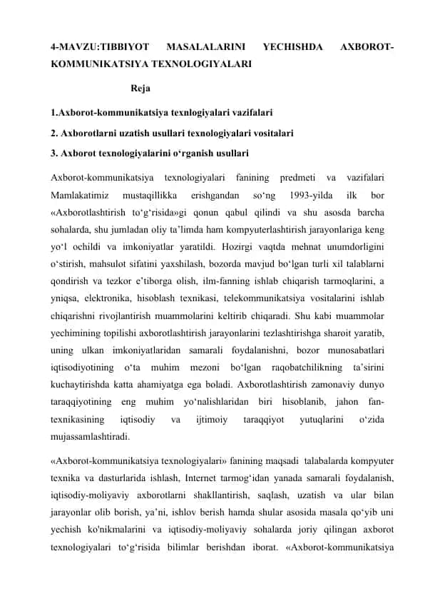 Tibbiyot Masalalarini Yechishda Axborot-Kommunikatsiya Texnologiyalari