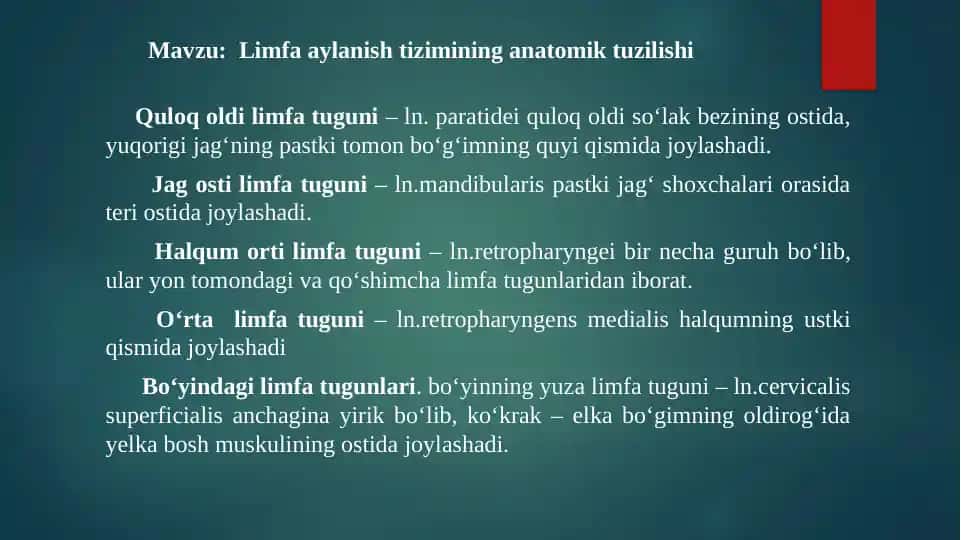Limfa aylanish tizimining anatomik tuzilishi