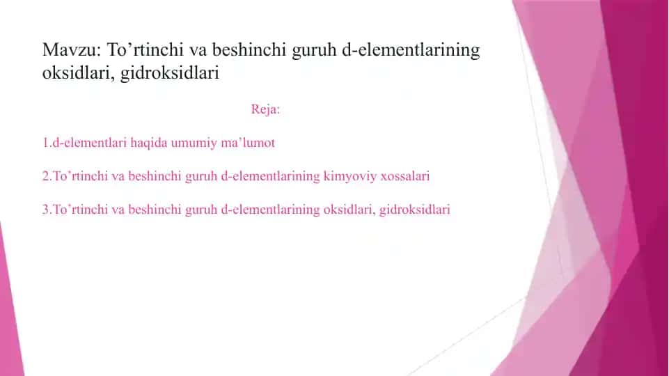 To’rtinchi va beshinchi guruh d-elementlarining oksidlari, gidroksidlari