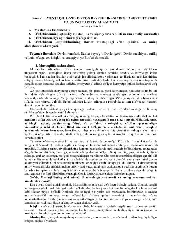 O'zbekiston Respublikasining Mustaqillik Tarixi