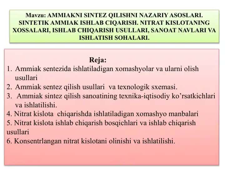 AMMIAKNISINTEZ QILISHNI NAZARIY ASOSLARI