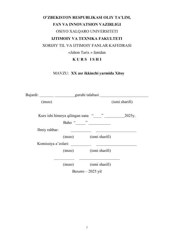 Kurs ishi xaqida ma'lumotlar