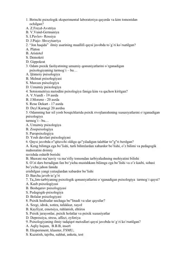 Psixologiya sinovi test savollari
