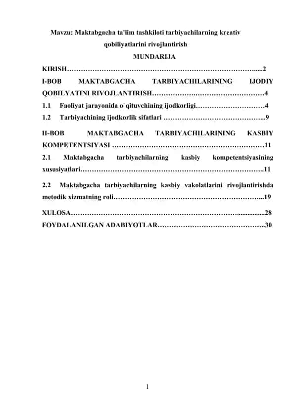 Maktabgacha ta'lim tashkiloti tarbiyachilarning kreativ qobiliyatlarini rivojlantirish