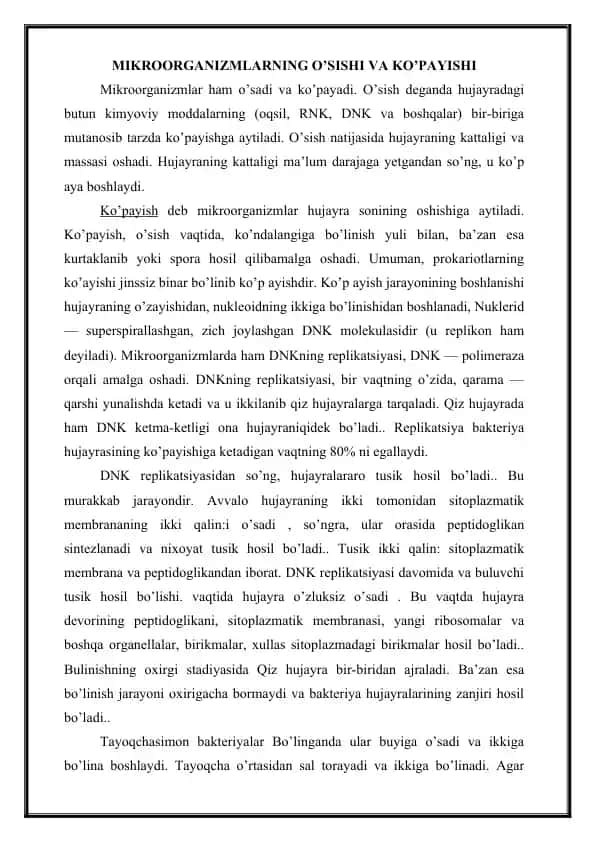 Mikroorganizmlarning O'Sishi va Ko'payishi