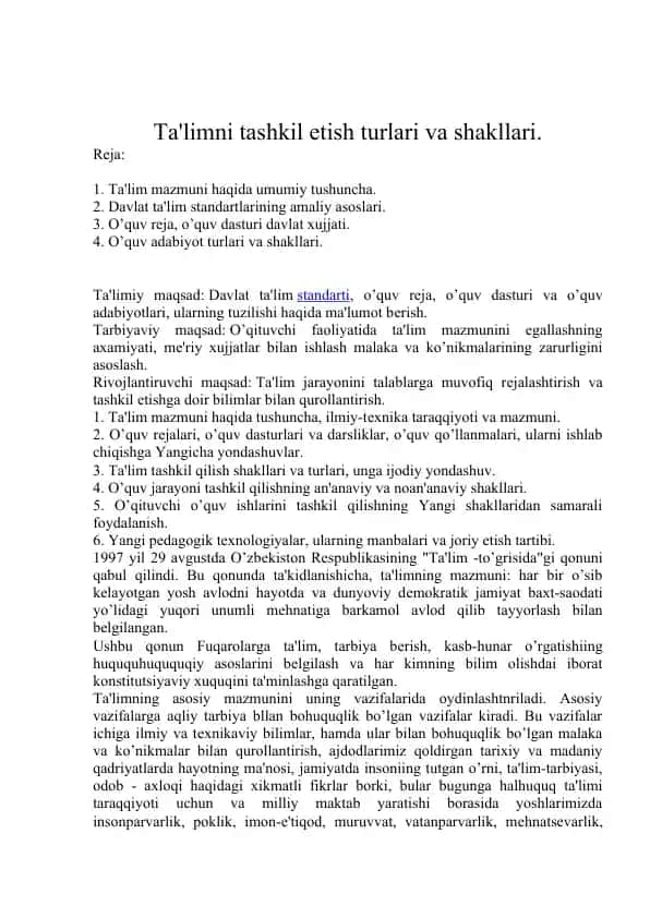 Ta'limni tashkil etish turlari va shakllari