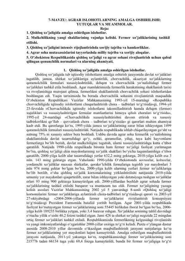 Qishloq xo’jaligida amalga oshirilgan islohotlar