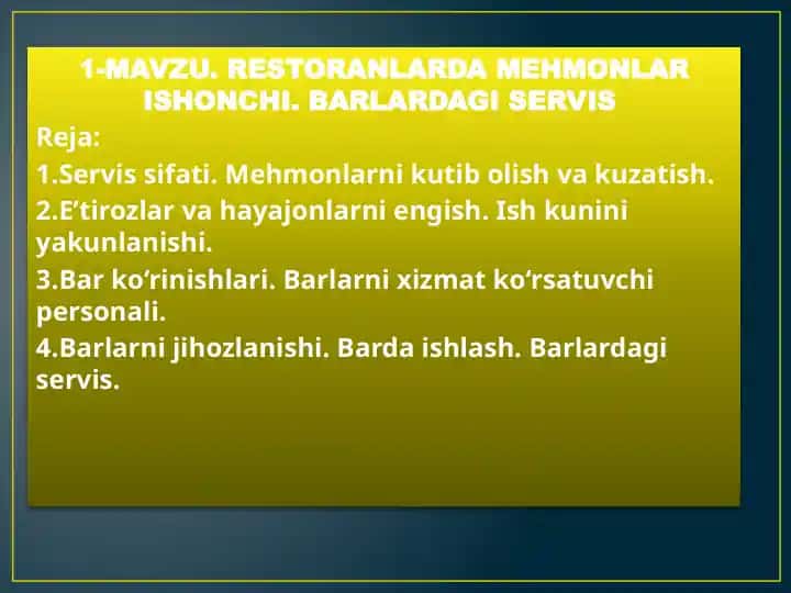 Restoranlarda mehmonlar ishonchi. Barlardagi servis