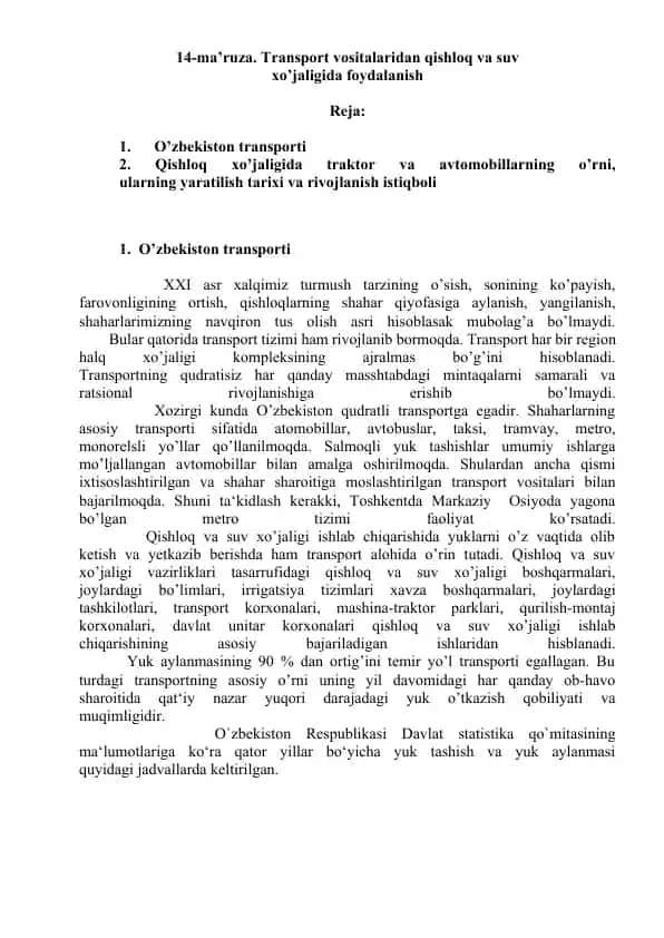 Transport vositalaridan qishloq va suv xo’jaligida foydalanish