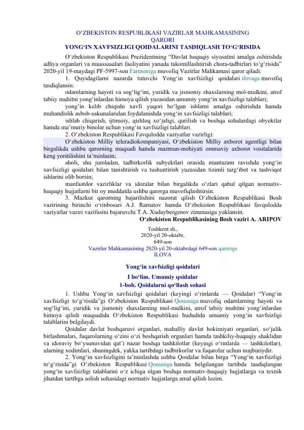 O‘zbekiston Respublikasi Vazirlar Mahkamasi Qarori