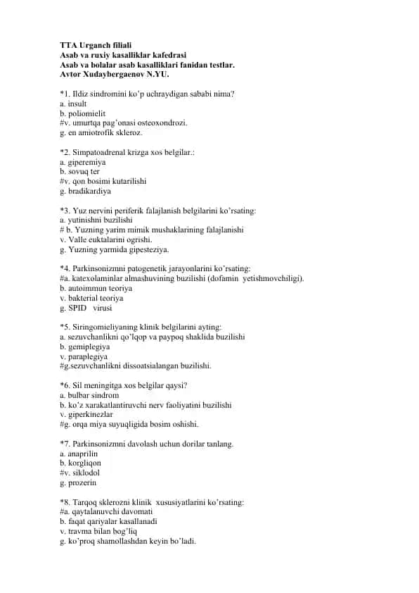 Asab va bolalar asab kasalliklari fanidan testlar