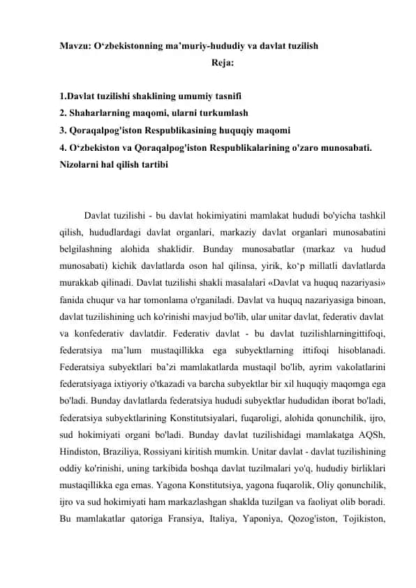 O‘zbekistonning ma’muriy-hududiy va davlat tuzilish