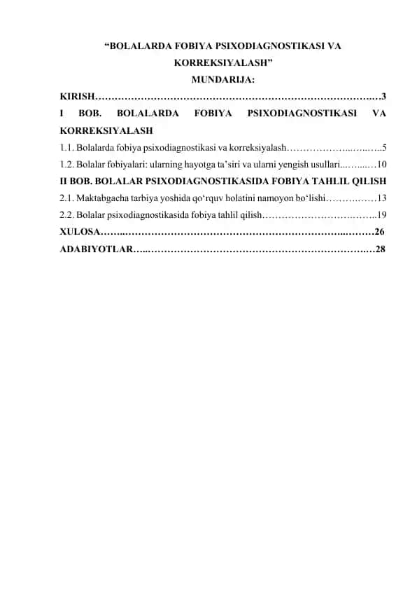 BOLALARDA FOBIYA PSIXODIAGNOSTIKASI VA KORREKSIYALASH