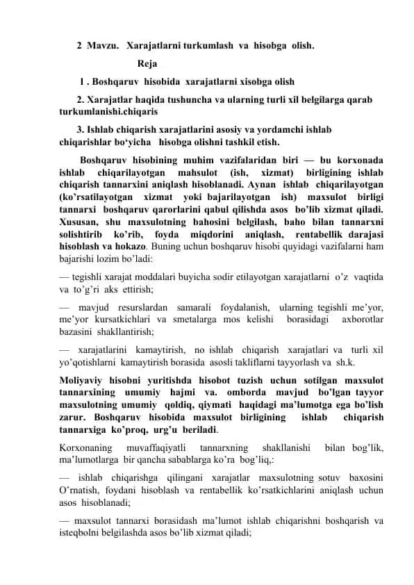 Xarajatlarni turkumlash va hisobga olish