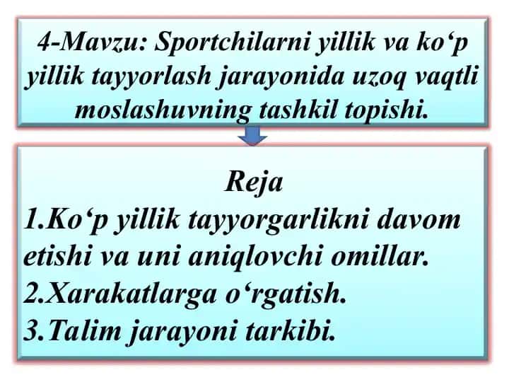 Sportchilarni yillik va ko‘p yilliktayyorlash jarayonida uzoq vaqtli moslashuvningtashkil topishi