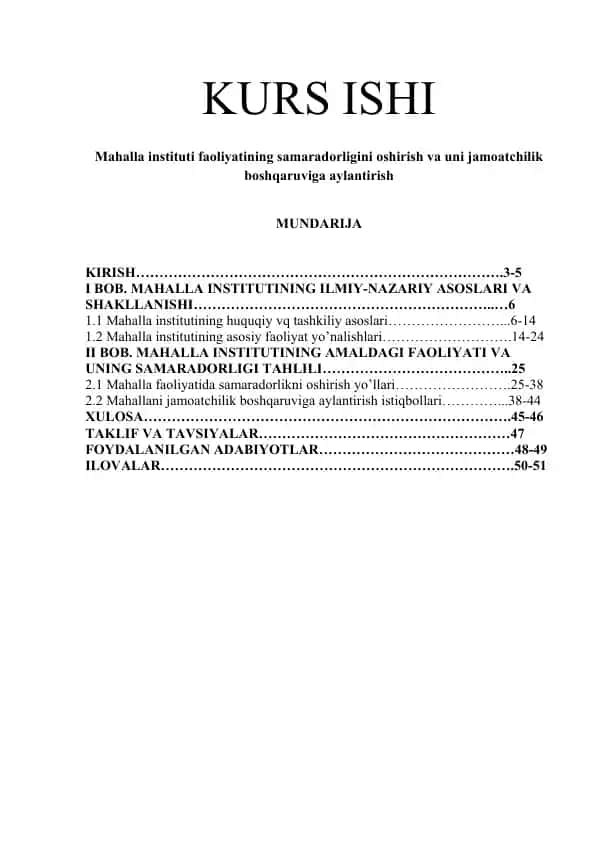Mahalla Instituti Faoliyatining Samardorligini Oshirish va Uni Jamoatchilik Boshqaruviga Aylantirish Kurs Ishi