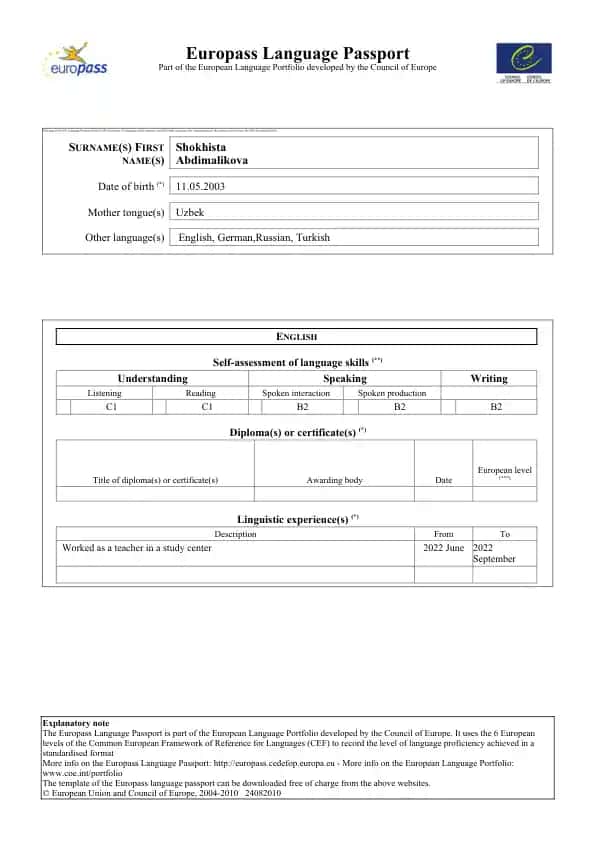 Europass Language Passport