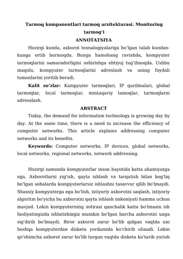 Tarmoq kompanentlari tarmoq arxitekturasi. Monitoring tarmogʻi