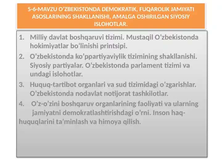 O‘zbekistonda demokratik fuqarolik jamiyati asoslarining shakllanishi va amalga oshirilgan siyosiy islohotlar