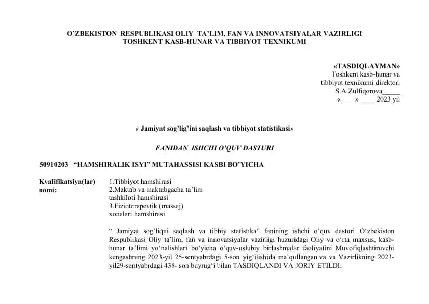 "Jamiyat sog’lig’ini saqlash va tibbiyot statistikasi" fanidan ishchi o’quv dasturi