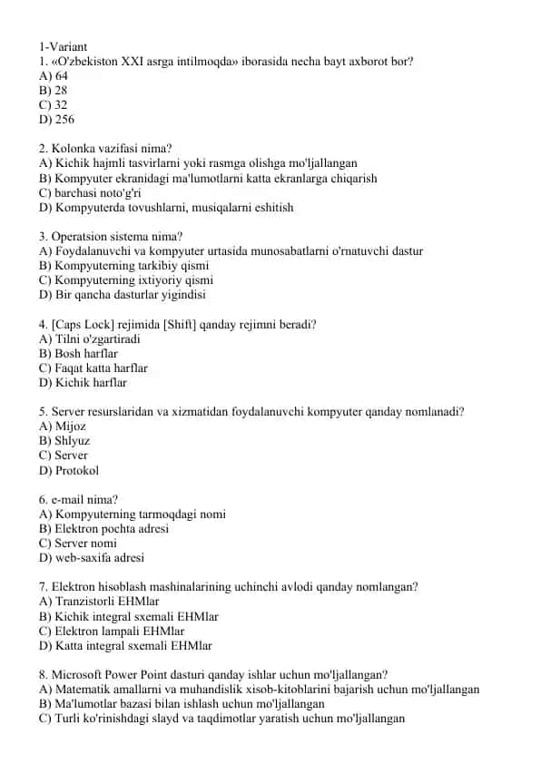 IT Test topshiriqlari