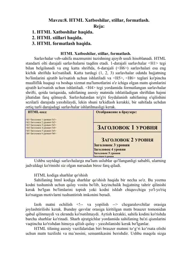 HTML Xatboshilar, Stillar, Formatlash