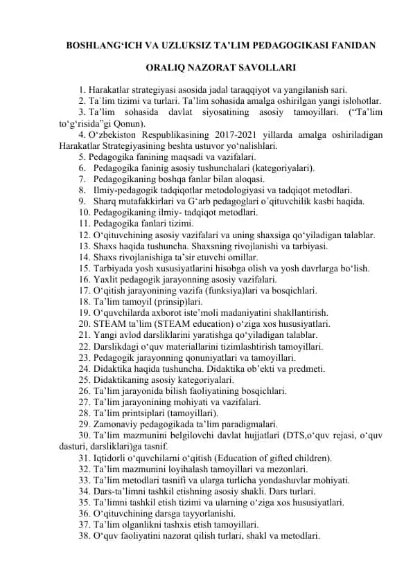 BOSHLANG‘ICH VA UZLUKSIZ TA’LIM PEDAGOGIKASI FANIDAN Nazorat Savollari