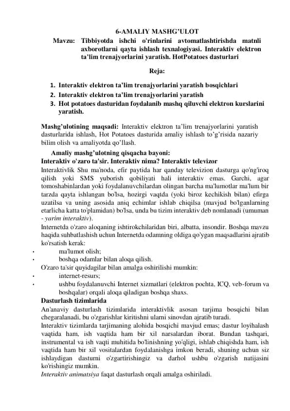 Tibbiyotda ishchi o'rinlarini avtomatlashtirishda matnli axborotlarni qayta ishlash texnologiyasi