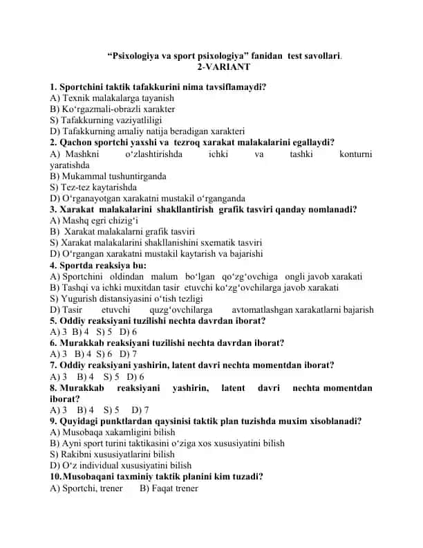 Psixologiya va sport psixologiya test savollari