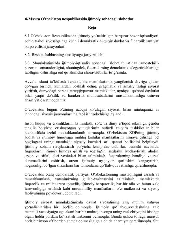 O‘zbekiston Respublikasida ijtimoiy sohadagi islohotlar