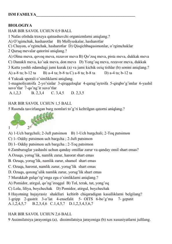 Biologiya Test Savollari