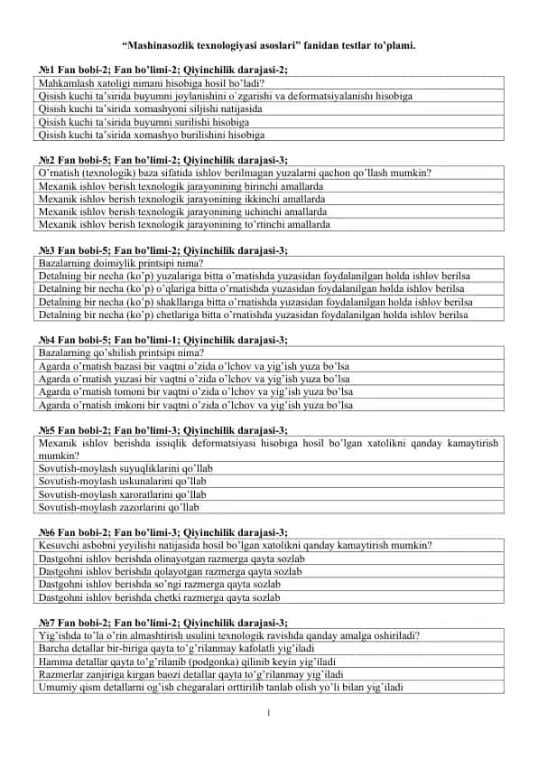 "Mashinasozlik texnologiyasi asoslari testlar to'plami"