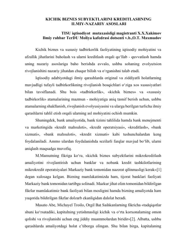 Kichik biznes subyektlarini kreditlash ilmiy-nazariy asoslari