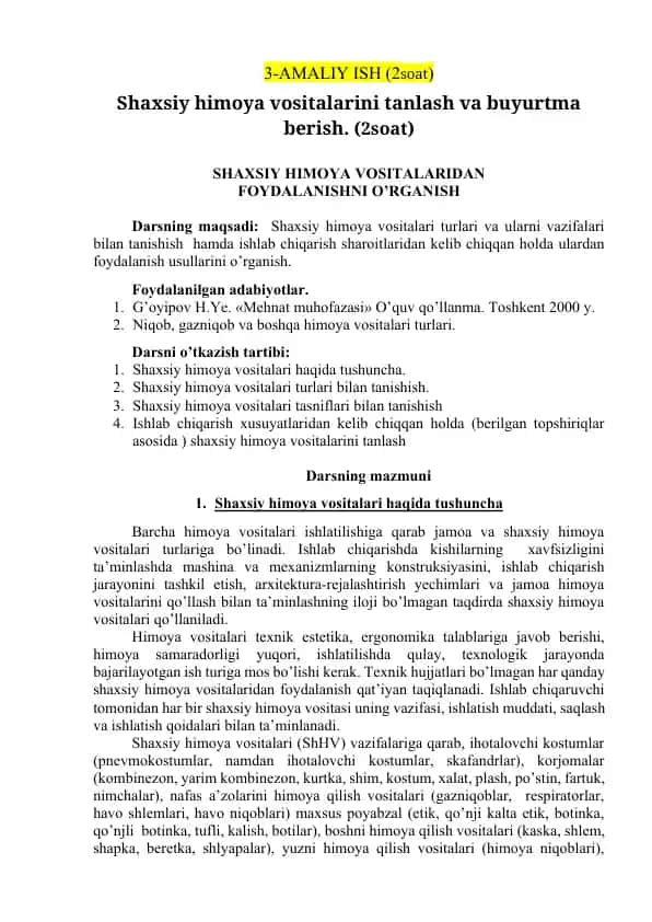 Shaxsiy himoya vositalari tanlash va buyurtma berish