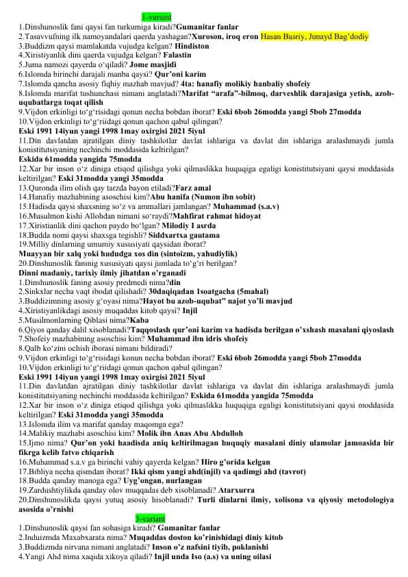 Dinshunoslik oraliq savollar