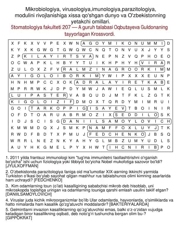 Mikrobiologiya, virusologiya, imunologiya, parazitologiya moduli bo'yicha krossvord