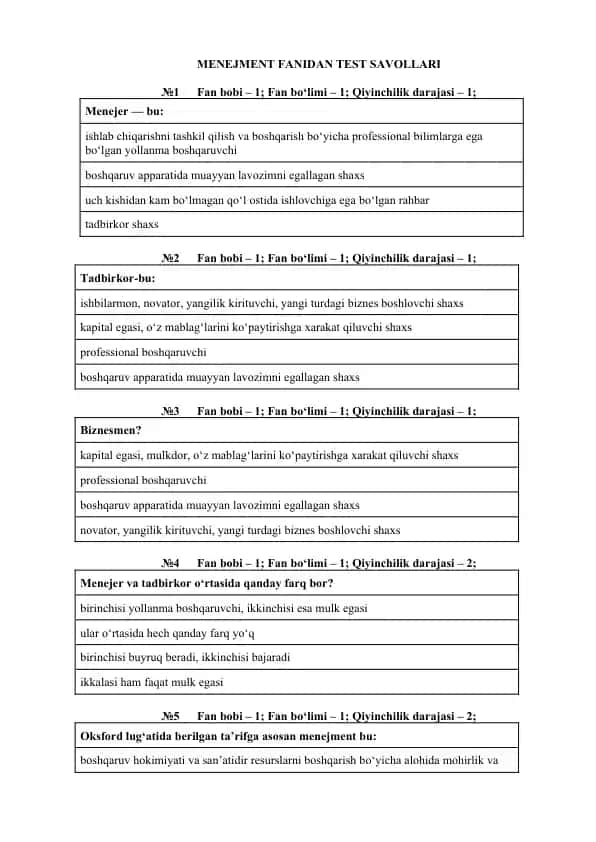 MENEJMENT FANIDAN TEST SAVOLLARI