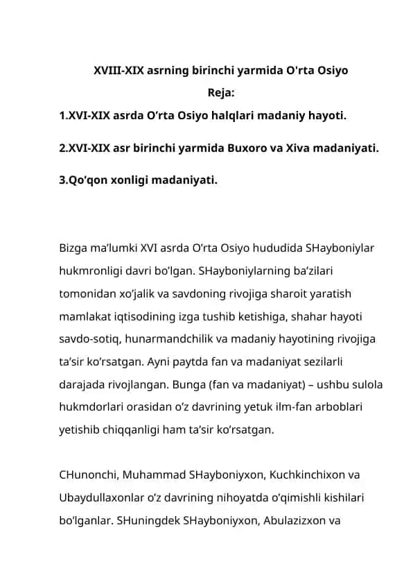 XVIII-XIX asrning birinchi yarmida O'rta Osiyo