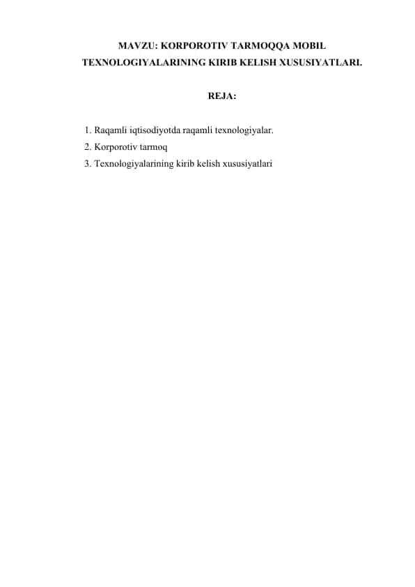 Korporotiv tarmoqga mobil texnologiyalarining kirib kelish xususiyatlari