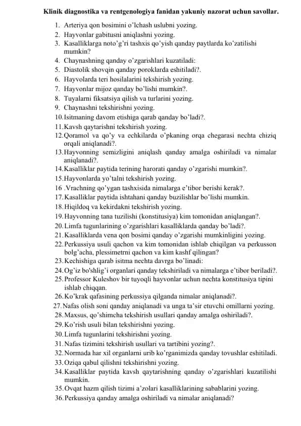 Klinik diagnostika va rentgenologiya fanidan yakuniy nazorat uchun savollar