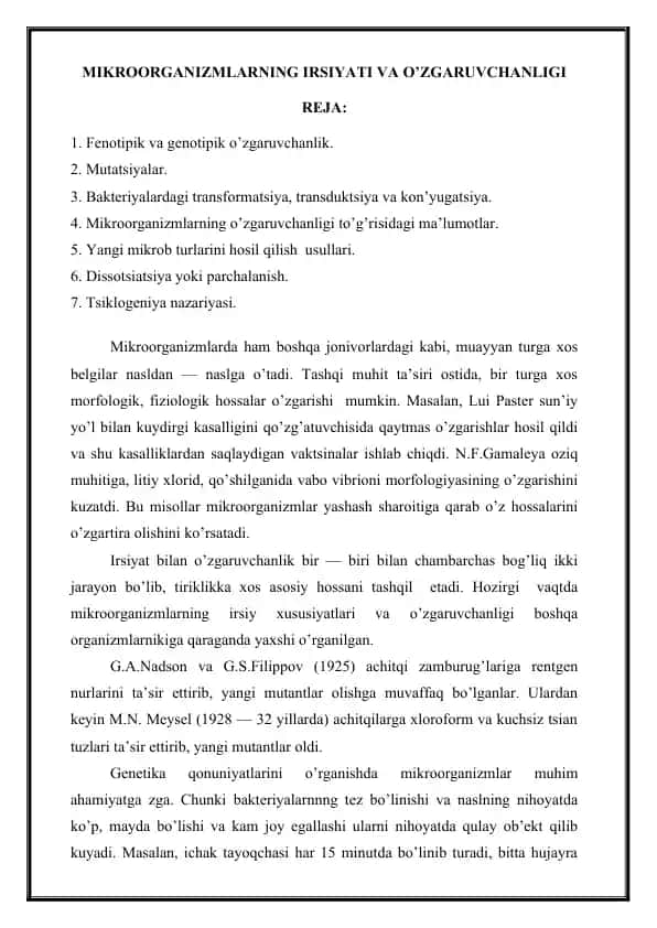 Mikroorganizmlarning Irsiyati va O'zgaruvchanligi