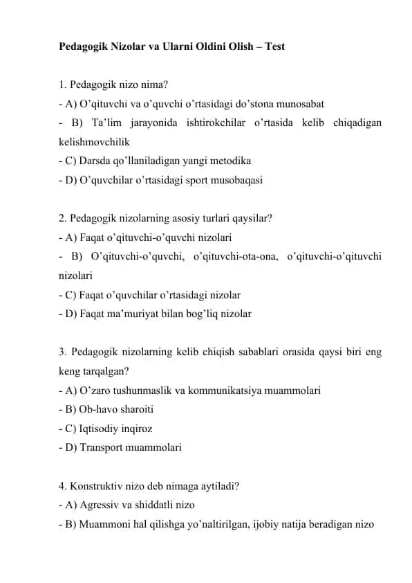 Pedagogik Nizolar va Ularni Oldini Olish – Test