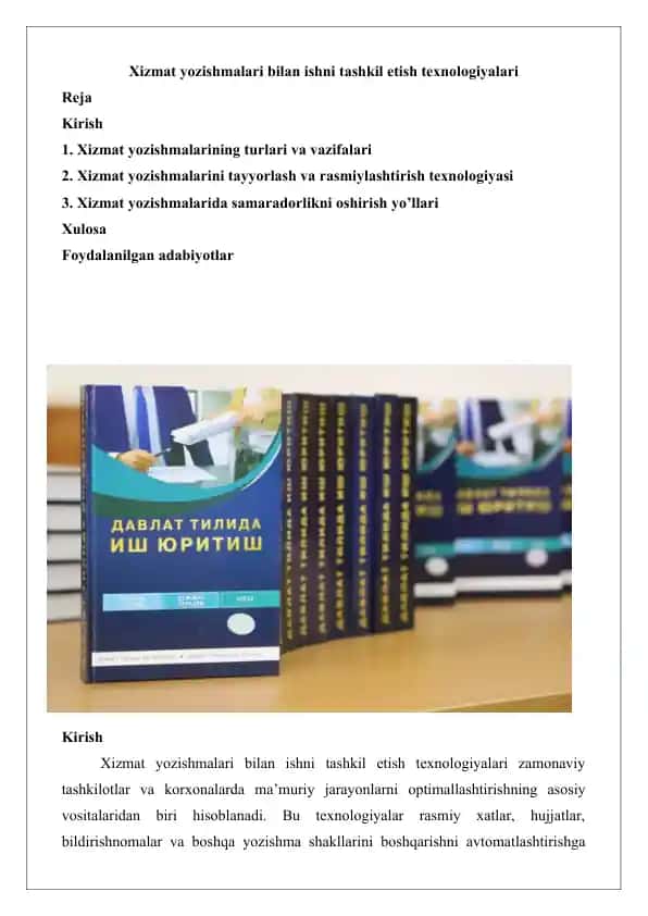 Xizmat yozishmalari bilan ishni tashkil etish texnologiyalari