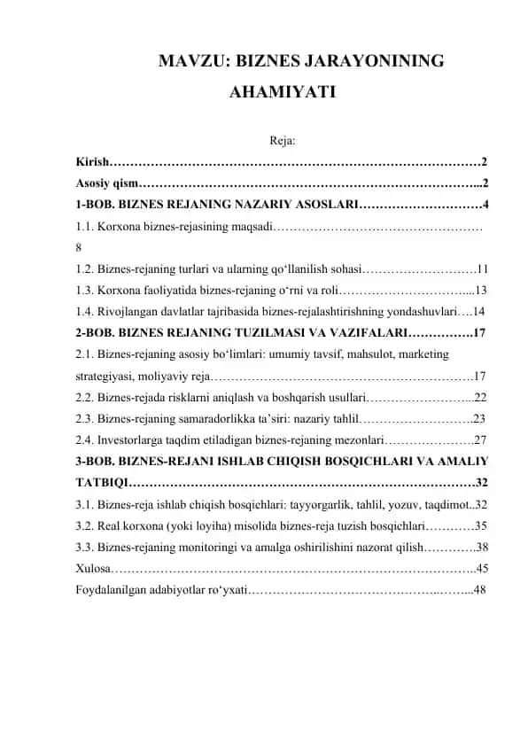 BIZNES JARAYONINING AHAMIYATI