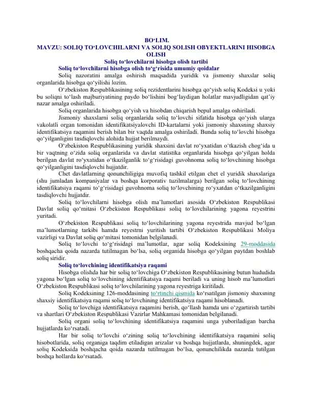 Soliq to‘lovchilarni va soliq solish obyektlarini hisobga olish