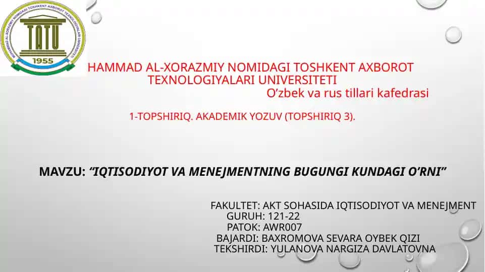 IQTISODIYOT VA MENEJMENTNING BUGUNGI KUNDAGI O’RNI