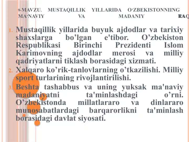 Mustaqillik yillarida O‘zbekistonning ma'naviy va madaniy taraqqiyoti