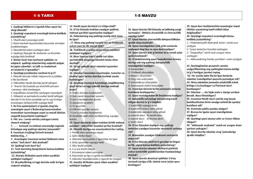 Arxeologiya va qadimgi tarix bo‘yicha savollar to‘plami